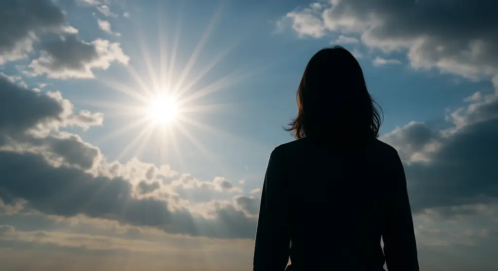 やりたいことを探すのに疲れた女性が空を見上げて静かに立っている様子