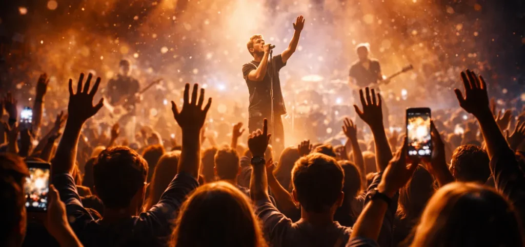 感動的なライブ会場で歌手の歌に心を動かされる観客の様子