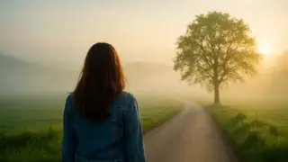 やりたいことがわからない時期に、光に包まれた道を歩く女性の後ろ姿。迷いの中から希望へ進むイメージ。