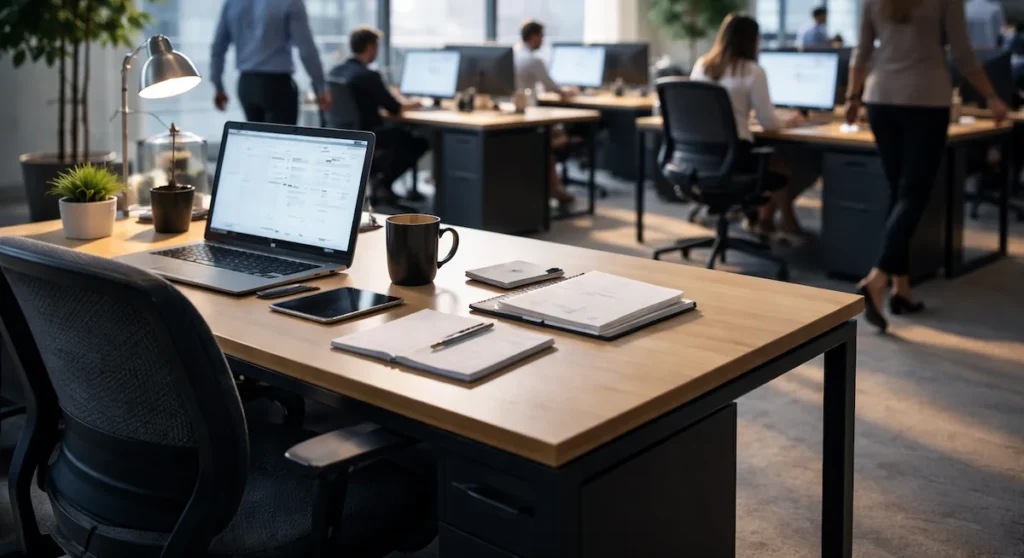 仕事にやりがいがないと感じる人の空席デスクと忙しく動くオフィス