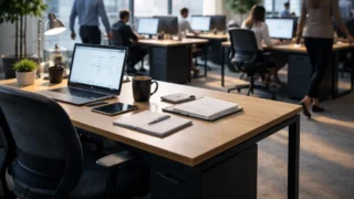 仕事にやりがいがないと感じる人の空席デスクと忙しく動くオフィス