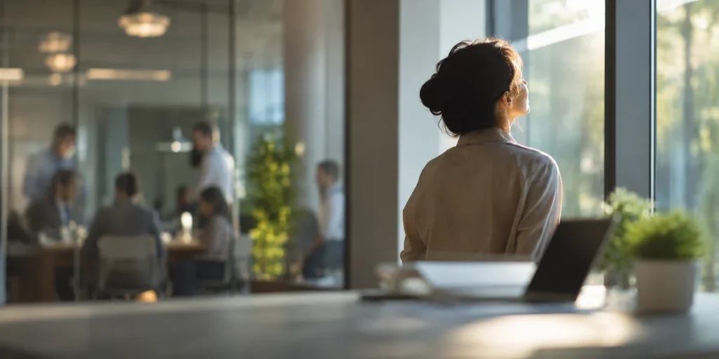 職場の人間関係に悩みながらも、自分の軸を取り戻そうとする人のイメージ