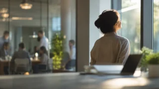 職場の人間関係に悩みながらも、自分の軸を取り戻そうとする人のイメージ