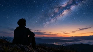 夜明け前の空と天の川を見上げる、男性のぼんやりしたシルエット